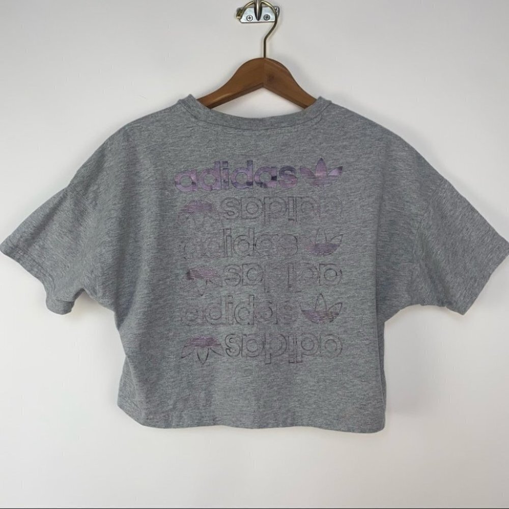 Adidas Originals | Purple Metallic Shimmer Logo‎ Oversized Crop Tee Grey